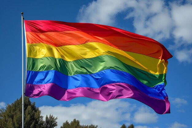 Bandeira arco-íris ondulando no vento contra um céu azul com nuvens