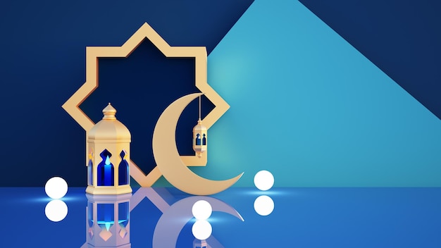 Bandeira azul com lua e lanterna para feriados muçulmanos e renderização do ramadã