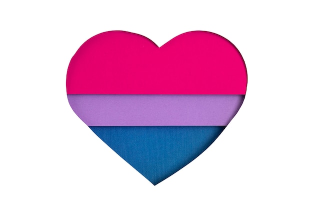 Bandeira bissexual em forma de recorte de papel com as cores azul, rosa e violeta. Amor, orgulho, diversidade, tolerância, conceito de igualdade