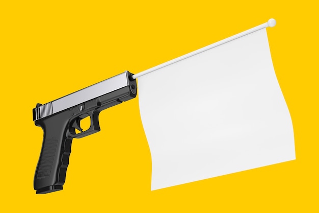 Bandeira branca em branco para o seu projeto surgindo de uma arma moderna em um fundo amarelo Renderização 3D