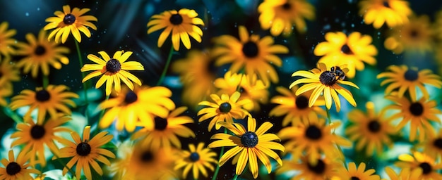 Bandeira brilhante de flores amarelas Bumblebee em uma flor Summer fairyland Jardim encantado