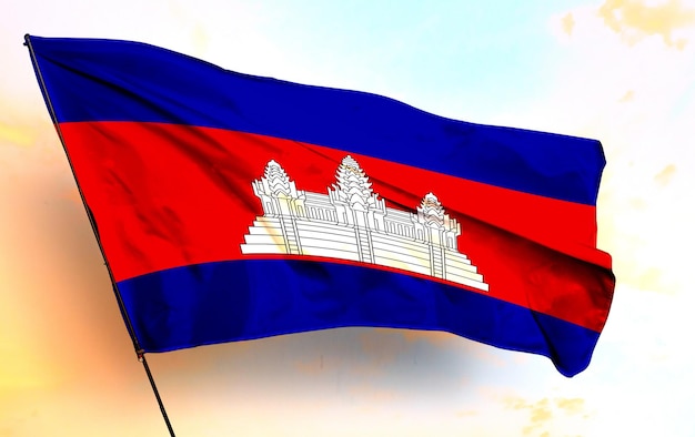 bandeira cambojana 3D agitando e fundo de nuvem cinza Imagem