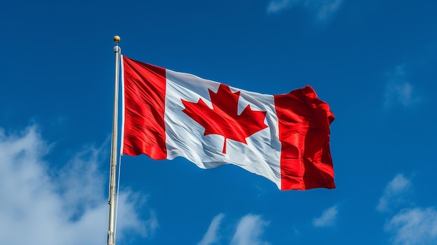 Bandeira canadense agitando contra o céu azul