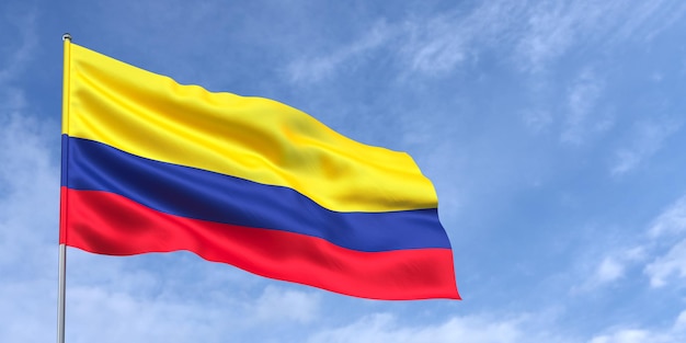 Bandeira colombiana no mastro no fundo do céu azul bandeira colombiana balançando ao vento em um fundo de céu com nuvens lugar para ilustração 3d de texto