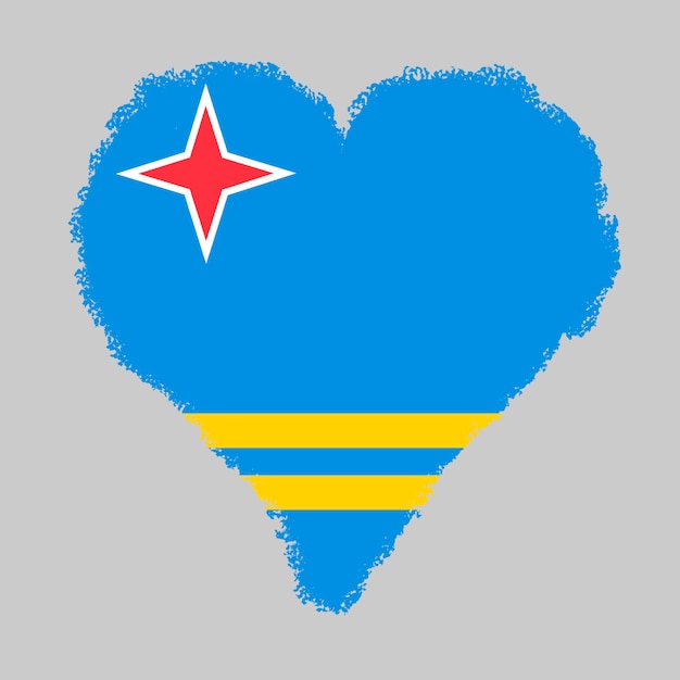 Bandeira colorida de Aruba em forma de coração com estilo de traçado de pincel isolado em fundo cinza