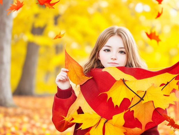 Bandeira colorida de outono, garota legal com folhas vermelhas amarelas no fundo da natureza turva