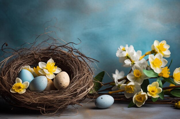 bandeira com ovos de Páscoa em uma cesta de ninho de pássaro e flores de narcisos amarelos na mesa