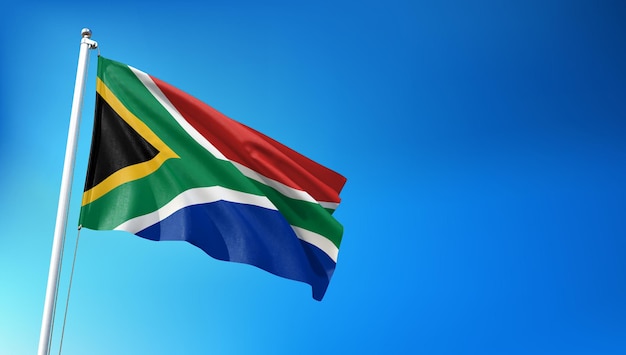 Bandeira da África do Sul voando no fundo do céu azul 3D render