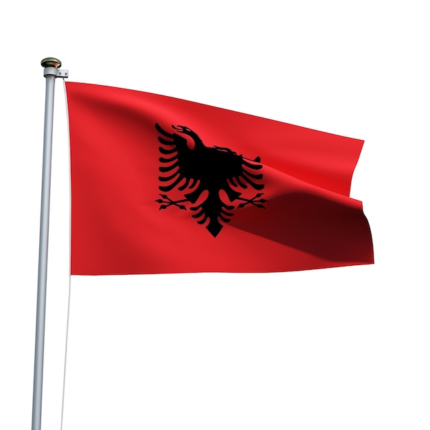 Bandeira da Albânia em um poste agitando isolado em fundo branco