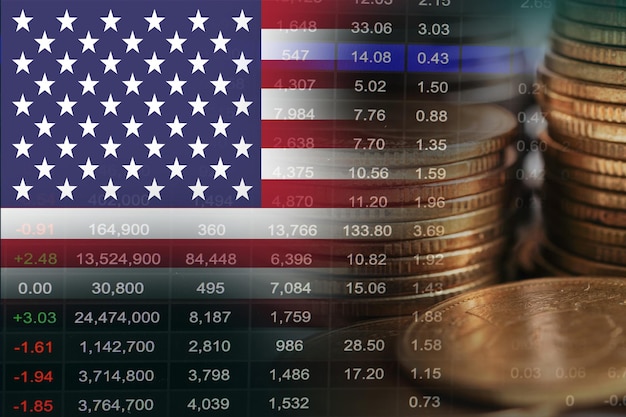 Bandeira da américa dos eua com tecnologia digital de gráfico de tendência de economia de finanças do mercado de ações