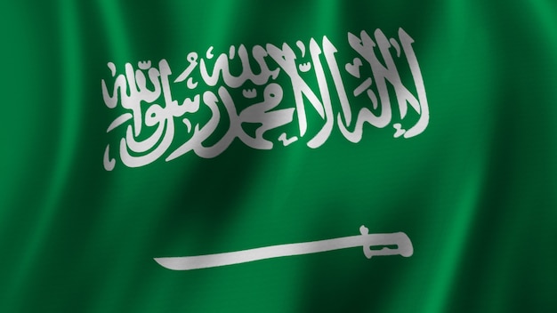 Bandeira da Arábia Saudita acenando renderização 3D em close-up com imagem de alta qualidade com textura de tecido