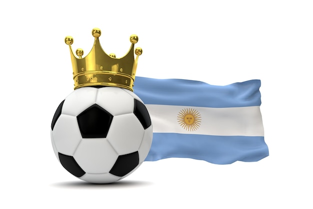 Bandeira da Argentina e bola de futebol com renderização em 3D da coroa de ouro