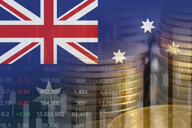 Bandeira da Austrália com mercado de ações finanças economia gráfico de tendência tecnologia digital.