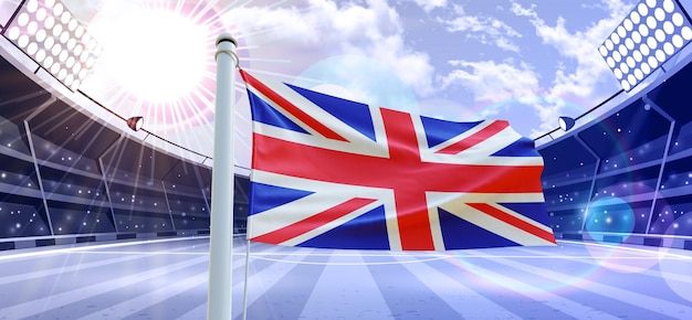 Bandeira da bandeira 3d do Reino Unido em um campo de futebol