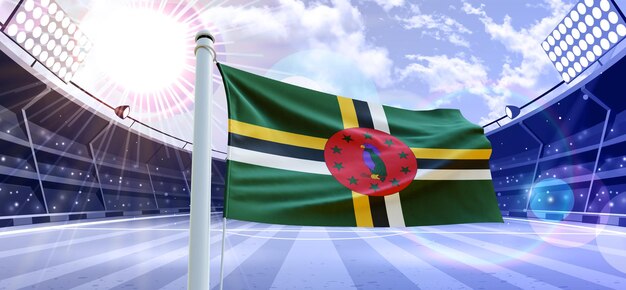 Bandeira da bandeira de Dominica 3d em um campo de futebol