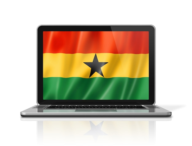 Bandeira da bandeira de Gana na tela do laptop isolada no branco. Ilustração 3D