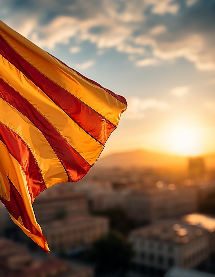 Foto bandeira da catalunha tremulando ao vento ao pôr do sol