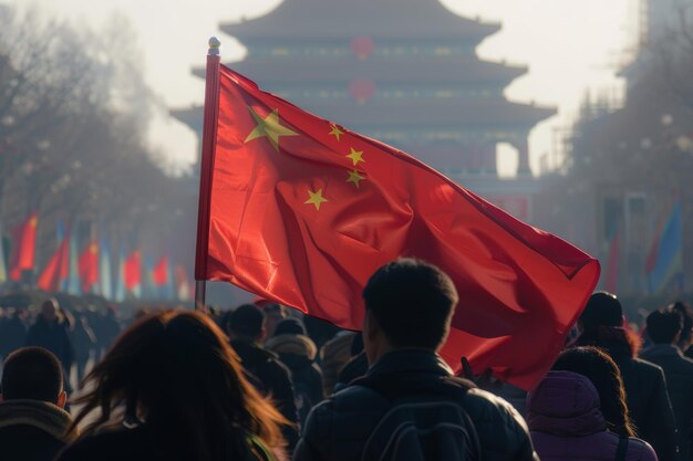 Foto bandeira da china a agitar o símbolo da nação, do patriotismo, da unidade e da força.