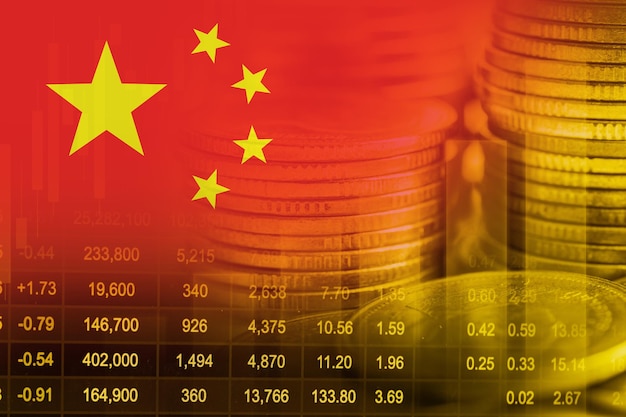 Bandeira da China com tecnologia digital do gráfico de tendência da economia financeira do mercado de ações