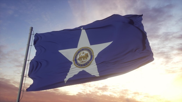 Bandeira da cidade de houston texas balançando ao vento, o céu e o sol de fundo. renderização 3d