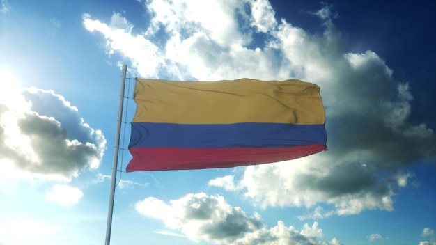 Bandeira da Colômbia balançando ao vento contra a bela ilustração 3d do céu azul