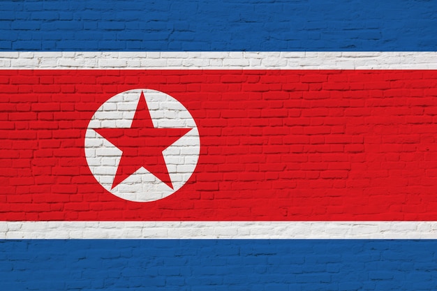 Bandeira da coreia do norte pintada na parede de tijolos.