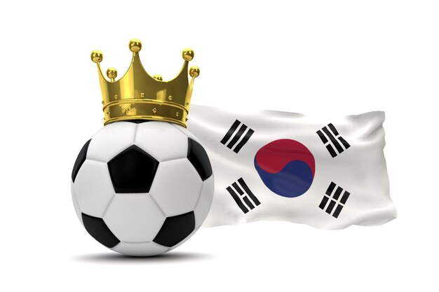 Bandeira da Coreia do Sul e bola de futebol com renderização em 3D da coroa de ouro