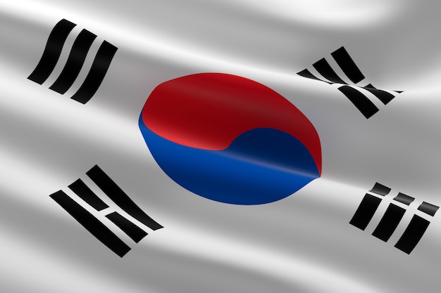 Bandeira da Coreia do Sul. Ilustração 3D da bandeira sul-coreana acenando.