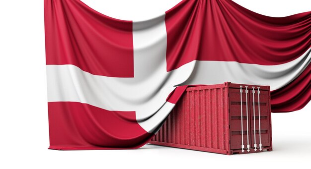 Bandeira da Dinamarca drapejada sobre uma renderização de contêiner de comércio comercial d