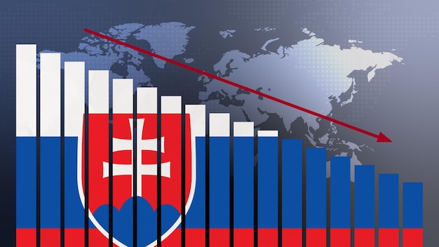 Bandeira da Eslováquia no conceito de gráfico de barras com o conceito de valores decrescentes da política de crise econômica conflita com o conceito de guerra com a bandeira