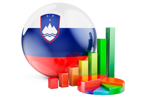 Foto bandeira da eslovénia com gráfico de barras de crescimento e gráfico de torta estatísticas econômicas de finanças empresariais na eslovênia conceito renderização 3d