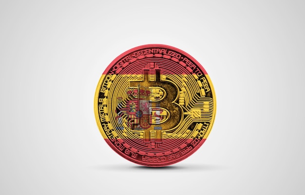 Bandeira da Espanha em uma renderização de moeda de criptomoeda bitcoin d