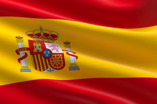 Foto bandeira da espanha. ilustração 3d da bandeira espanhola acenando.