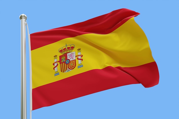 Bandeira da Espanha no mastro da bandeira balançando ao vento isolado em fundo azul