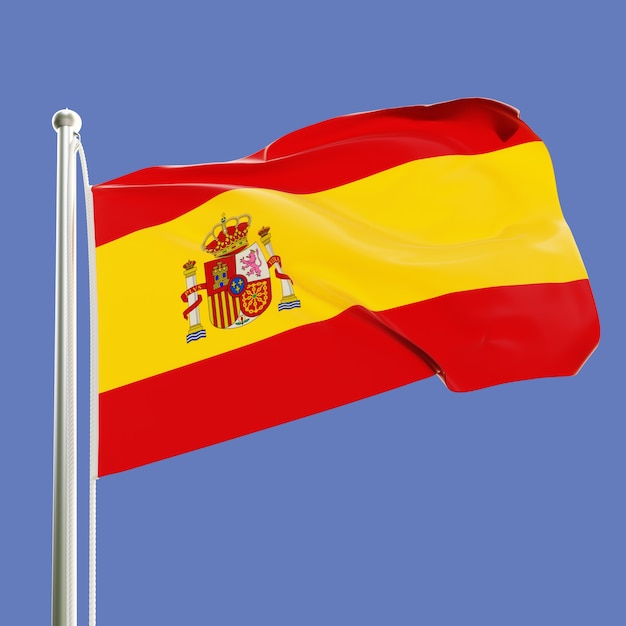 Bandeira da Espanha no mastro da bandeira balançando ao vento, isolado no fundo do céu azul