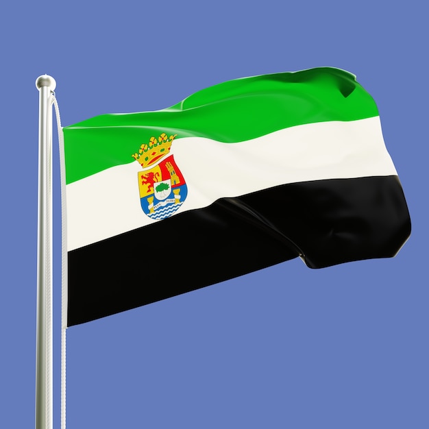 Foto bandeira da extremadura, espanha, no mastro da bandeira balançando ao vento, isolado no fundo do céu azul