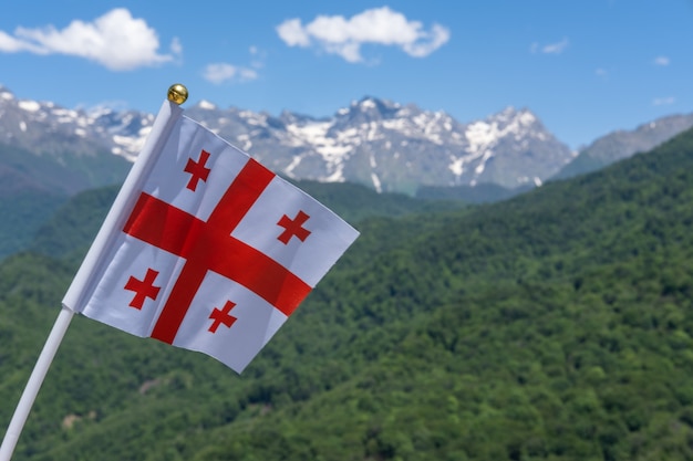 Bandeira da geórgia balançando no fundo das montanhas e do céu azul