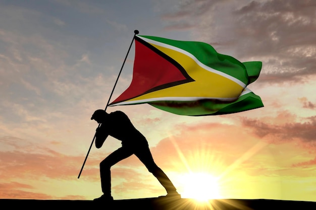 Bandeira da Guiana sendo empurrada para o chão por uma silhueta masculina 3D Rendering
