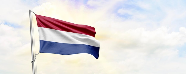 Bandeira da Holanda acenando no fundo do céu Renderização em 3D