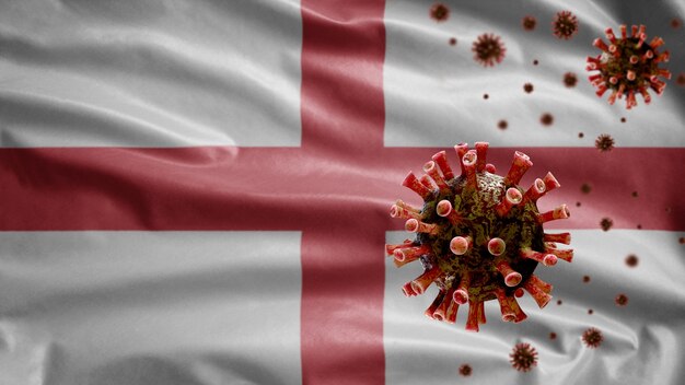 Bandeira da Inglaterra acenando com surto de coronavírus infectando o sistema respiratório como uma gripe perigosa.