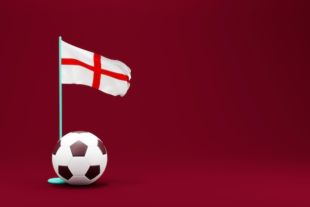 Bandeira da Inglaterra com ilustração de renderização 3D mínima de futebol de bola 2022