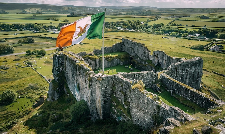 Foto bandeira da irlanda com paisagem especial da irlanda