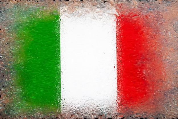 Bandeira da Itália Bandeira da Itália no fundo de gotas de água Bandeira com pingos de chuva Salpicos no vidro