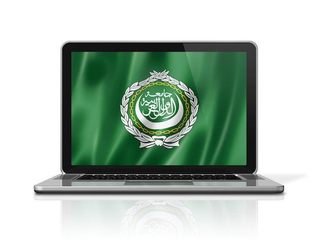 Bandeira da Liga Árabe na tela do laptop isolada no branco. Ilustração 3D render.