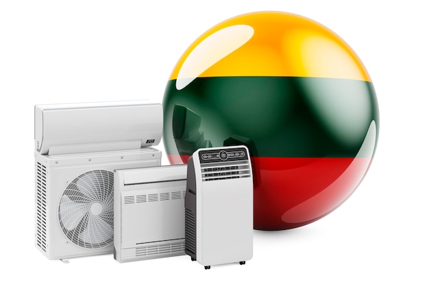Bandeira da Lituânia com dispositivos elétricos de resfriamento e climatização Fabricação de comércio e serviço de condicionadores de ar na Lituânia renderização em 3D
