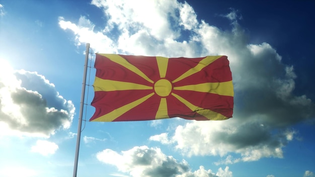 Bandeira da macedônia balançando ao vento contra belo céu azul renderização em 3d