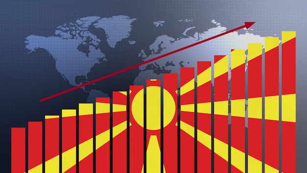 Foto bandeira da macedônia do norte no conceito de gráfico de barras com valores crescentes recuperação econômica e negócios melhorando após crise e outras catástrofes à medida que a economia e os negócios reabrem novamente