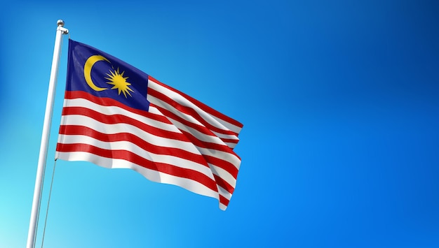 Bandeira da Malásia voando no fundo do céu azul 3D render