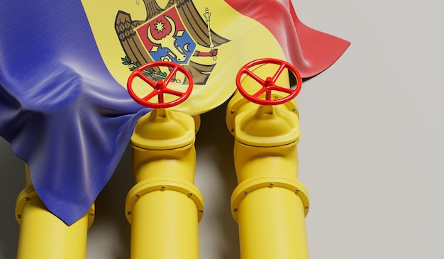 Bandeira da Moldávia cobrindo uma linha de tubulação de combustível de petróleo e gás Conceito de indústria petrolífera Renderização em 3D