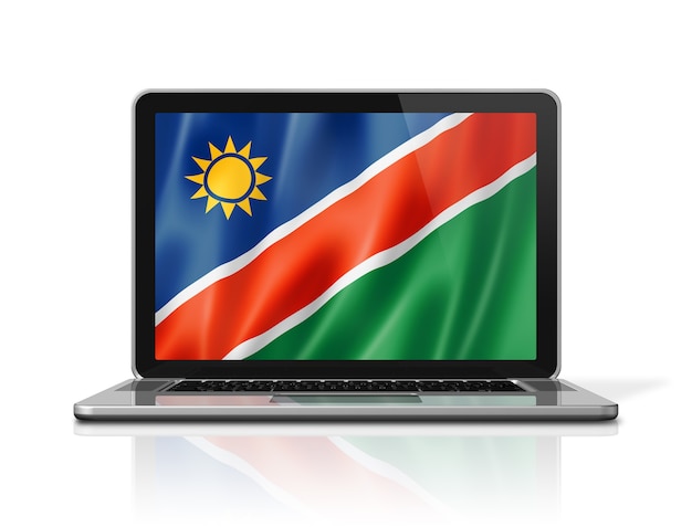 Bandeira da Namíbia na tela do laptop isolada no branco. Ilustração 3D render.
